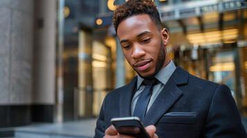 Man in a Suit Looking at a Cell Phone photo