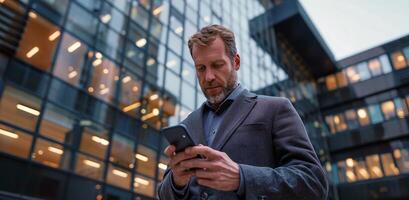 Man in Trench Coat Looking at Cell Phone photo