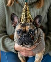 pequeño perro vistiendo oro fiesta sombrero foto