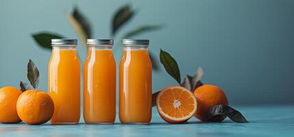 Tres naranja jugo botellas lleno con naranja rebanadas foto