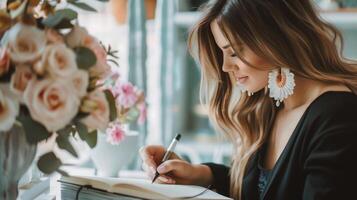 mujer escritura en cuaderno siguiente a florero de flores foto