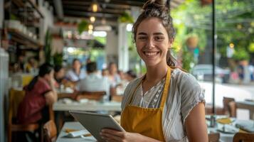 mujer en delantal participación tableta foto