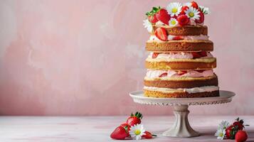 Elegant Multi Layer Cake With Strawberries and Daisies photo