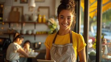 Woman in Apron Holding Tablet photo