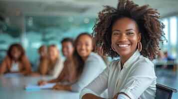 Woman With Curly Hair Smiling at Camera photo