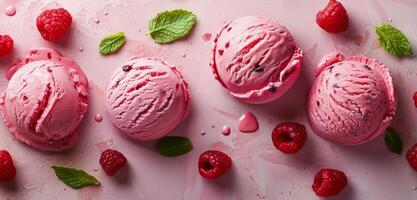 Three Scoops of Ice Cream With Raspberries and Mint Leaves photo