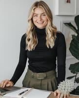 Woman Working at Desk With Laptop photo