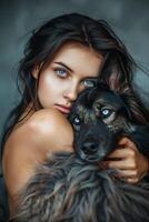 Woman With Blue Eyes Holding Black Dog photo