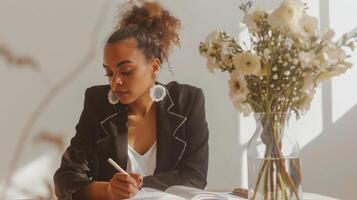 Woman Sitting at Table Writing in Notebook photo