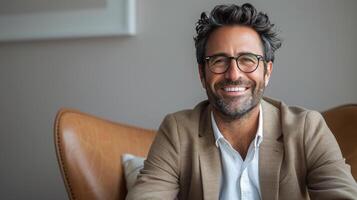 Man Sitting in Chair With Crossed Legs photo