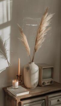 Table With Radio and Candle photo