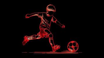 Neon frame effect children playing football soccer, glow, black background. video