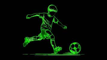 Neon frame effect children playing football soccer, glow, black background. video