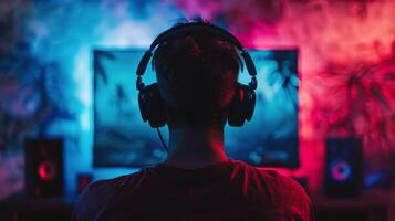 Man Wearing Headphones Watching TV photo