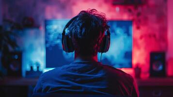 Man Wearing Headphones Watching TV photo