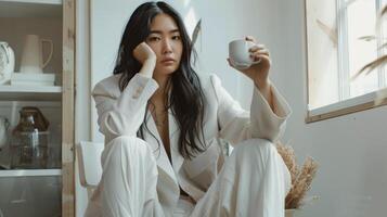 Woman Sitting on Floor Holding Cup photo