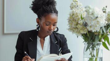 Woman Sitting at Table Writing in Notebook photo