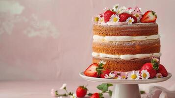 Elegant Multi Layer Cake With Strawberries and Daisies photo
