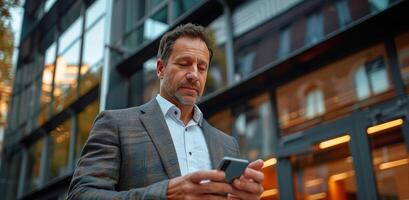 Man in Suit Checking Cell Phone photo
