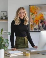 Woman Standing in Front of Laptop Computer photo