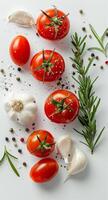 Tomatoes, Garlic, and Herbs Arranged on a White Surface photo