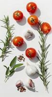 Tomatoes, Garlic, and Herbs Arranged on a White Surface photo