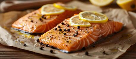 Two Pieces of Salmon With Lemon Slices photo
