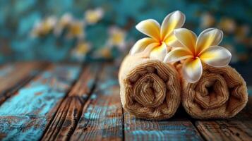 Stack of Blue Towels With White Flowers photo