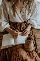 mujer sentado en cama escritura en un libro foto