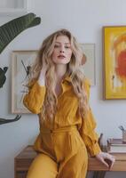 Woman in Yellow Jumpsuit Posing for Picture photo