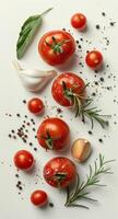 Tomatoes, Garlic, and Herbs on White Surface photo