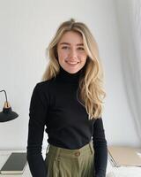Woman Standing in Front of Desk With Open Book photo