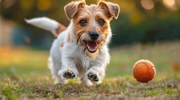 perro corriendo hacia rojo pelota en césped foto