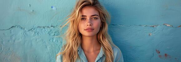 Woman Standing in Front of Blue Wall photo