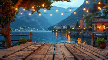 Wooden Table With Hanging Lights photo