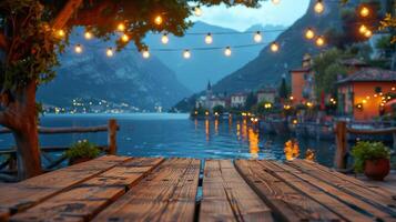 Wooden Table With Hanging Lights photo