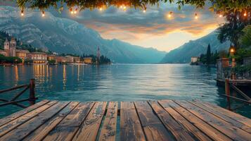 Wooden Table With Hanging Lights photo