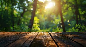 Sunlight Filtering Through Trees Onto Wooden Table photo