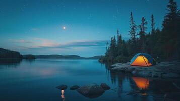 Tent by Lake Shore at Night photo
