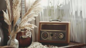Table With Radio and Vase of Dried Grass photo