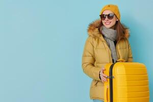 Woman Holding Yellow Suitcase photo