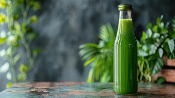 Green Liquid Bottle Next to Vegetables photo