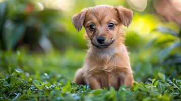 Brown Dog Sitting in Grass Looking Up photo