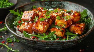 Bowl of Rice With Tofu and Spinach photo