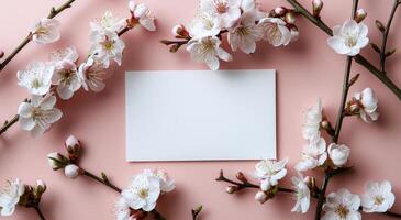 Blank Paper Surrounded by Flowers on Pink Background photo