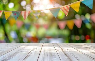 Wooden Table Top With Bunting Flags in Background photo