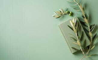 Olive Branch and Book on Green Background photo