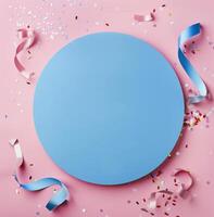 Blue Cake With Sprinkles on Pink Background photo