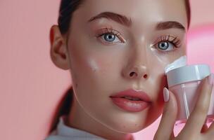 Woman Holding Jar of Cream to Face photo