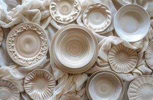 A Pile of White Dishes on a Table photo